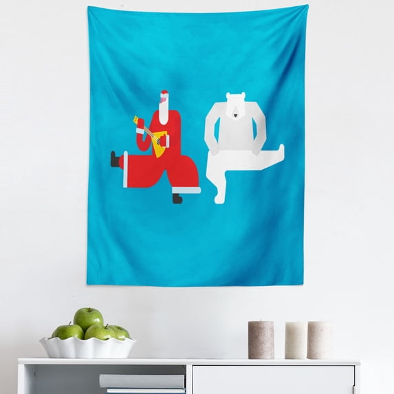 Dancing Bears Tapestry, Santa Claus Playing Guitar Animal Friend Folk Polar Cartoon Art, Fabric Wall Hanging Decor for Bedroom Living Room Dorm, 5 Sizes, Sea Blue Vermilion Grey, by Ambesonne