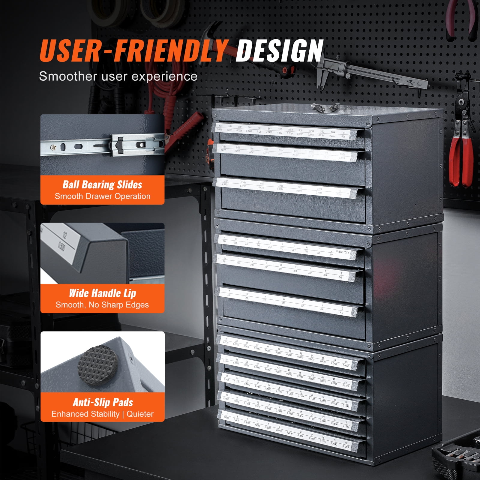 KFFKFF Drill Bit Storage Cabinet, Includes 3 Three-Drawer Units for 1/16" to 1/2" & A-Z Letter Sizes, Plus Five-Drawer Organizer for Wire Gauge #1 to #60, Modular Design for Easy Stacking