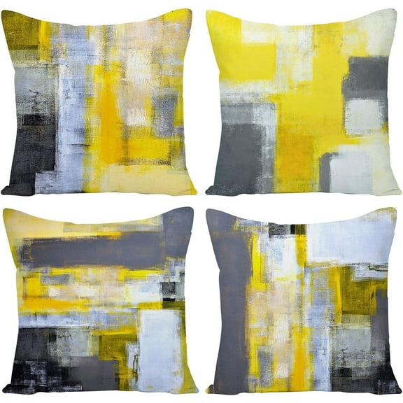 Set of 4 Modern Abstract Art Painting Yellow Gray 20x20 inch Throw Pillow Covers Outdoor Square Decorative Linen Cushion Pillows Case Hidden Zipper for Patio Playroom Couch Bed Living Room Décor