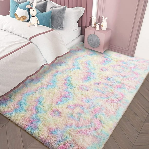 Soft Rainbow Area Rugs for Girls Room, Fluffy Colorful Rugs Cute Floor