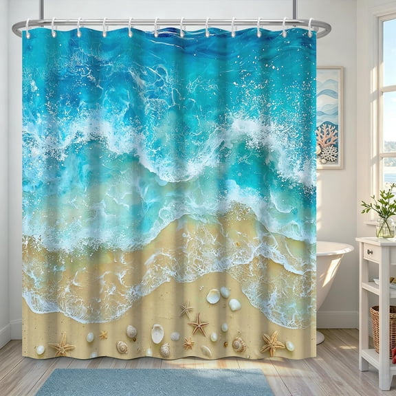 Ocean Wave Shower Curtain Beach Sea Sand Starfish Fabric Bathroom Decor with 12 Hooks 71x71 inches