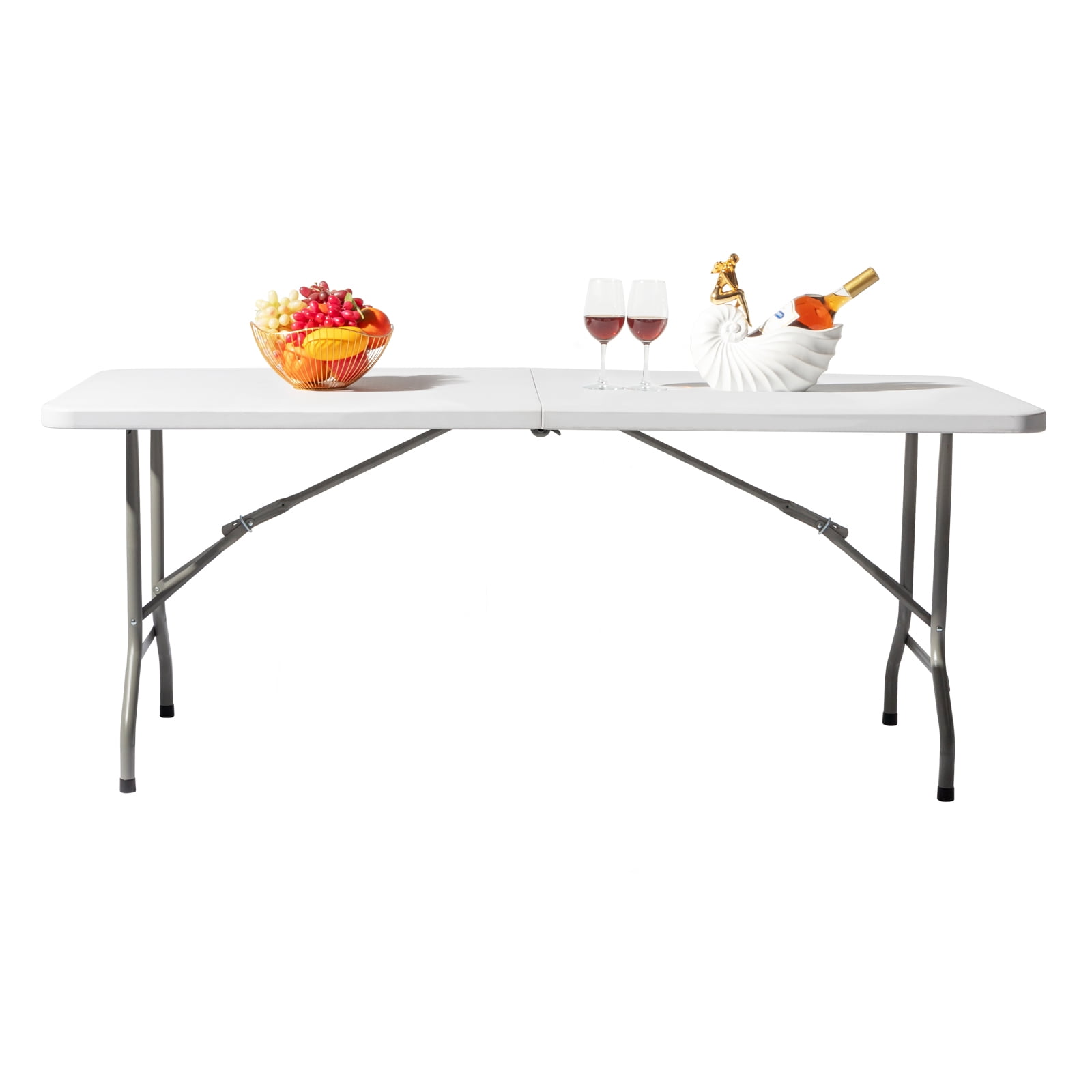 6FT Foldable Outdoor HDPE Long Table Sturdy Steel Frame White Portable Folding Dining Table Space Saving Picnic Camping Party Patio Buffet Activity Table