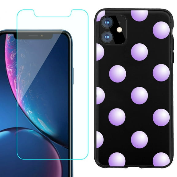 For Apple iPhone 11 Phone Case , Slim-Fit TPU Protective Case (Black), with Tempered Glass Screen Protector, by OneToughShield ® - Polka Dot / Purple