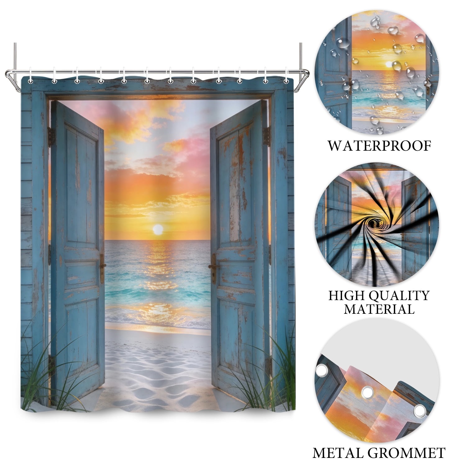 Beach Coastal Shower Curtain,Teal Ocean Sunrise Seascape Nautical Shower Curtain,Rustic Barn Door Seashore Fabric Shower Curtain for Bathroom,60"x72"