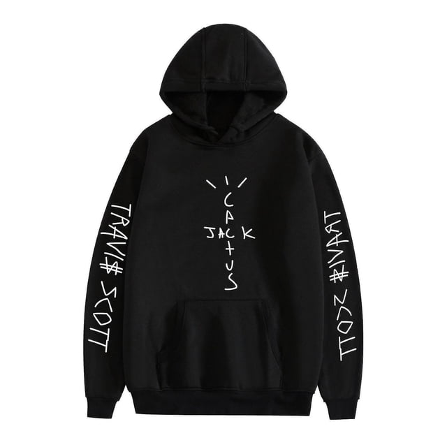 travis scott sudadera con capucha unisex para niña y niño con capucha para hombres y mujeres Sudadera negra frontal, vista centrada; capucha holgada, bolsillo canguro, puños y dobladillo acanalados. Estampado blanco vertical "CACTUS" en el pecho y texto blanco "TRAVIS SCOTT" en ambas mangas. Tejido de algodón y poliéster, estilo casual; a menudo usada como regalo de cumpleaños o festividades.