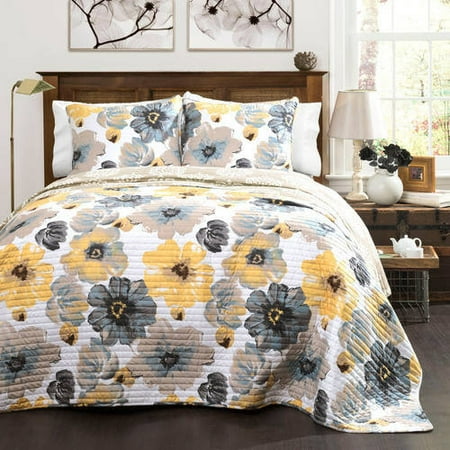 Leah Floral Reversible 3 Piece King Quilt Sham Bedding Set By