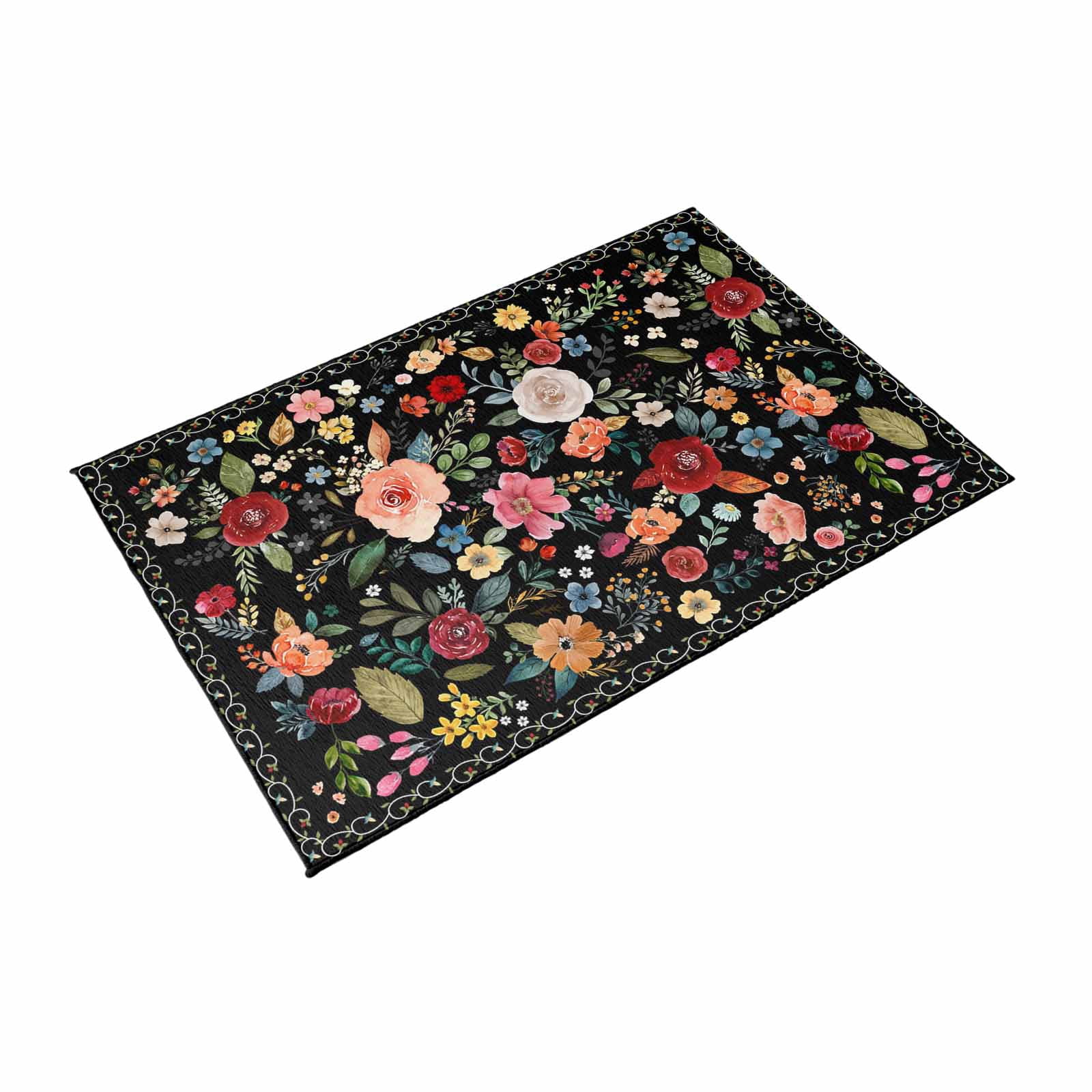 Watercolor Flowers Outdoor Rug 5x7 Ft, Non Slip Washable Area Rug, Farmhouse Floral Vintage Black Patio Rugs Carpet Runner, Large Floor Mat for Indoor/Outdoor Deck Porch Camping