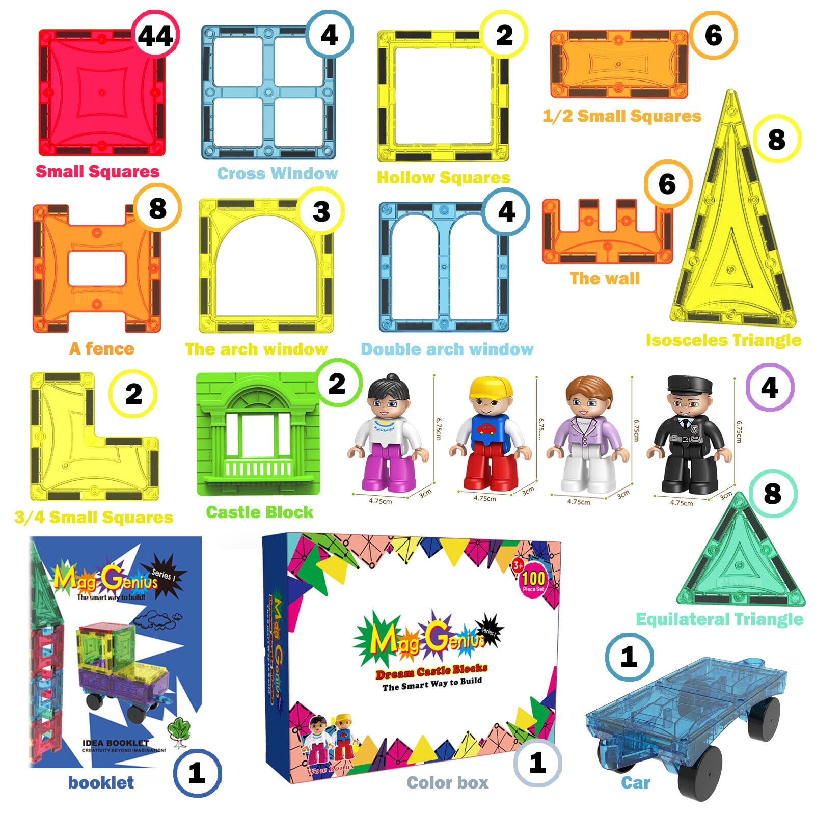 Mag Genius Magnet Tiles 100 Piece Set Includes All The New Magnet Tiles and  Clickins to Build The Perfect Castle Includes Clip in Windows and All New  Magnet People - Walmart.com