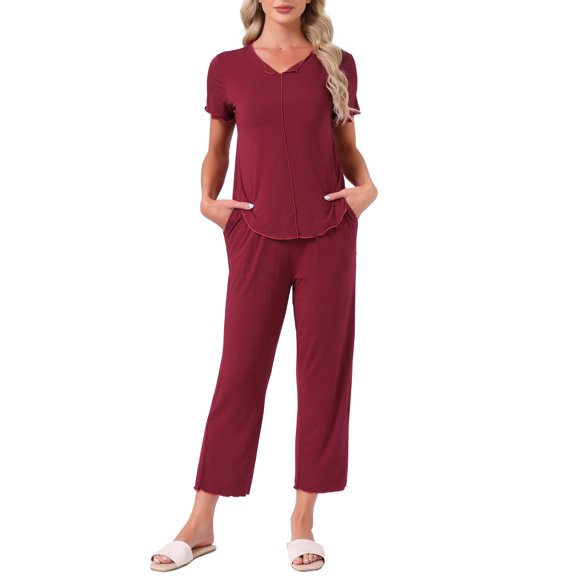 DARING DIVA Women's Pajama Sets Sleepwear Built-in Shelf Bra Short Sleeve Tops M Red