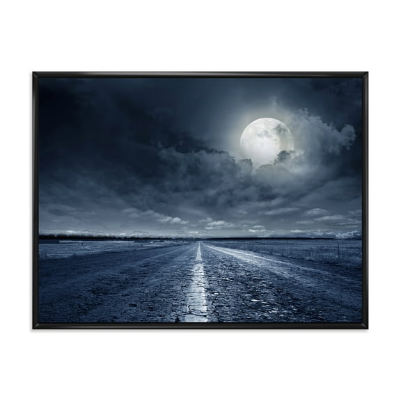 Designart 'Cloudy Full Moon Over Asphalt Road I' Nautical & Coastal Framed Canvas Wall Art Print
