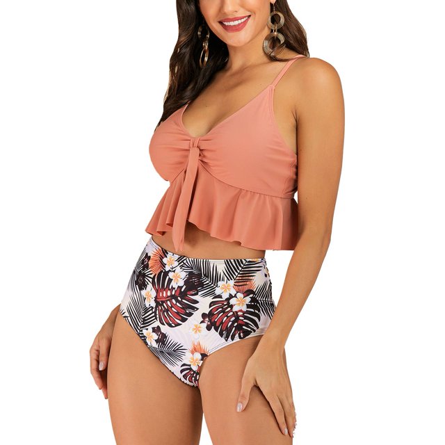 Traje de baño de dos piezas para mujer, dobladillo con volantes, lazo frontal, pantalones cortos de cintura alta, traje de baño elegante, Color claro XL