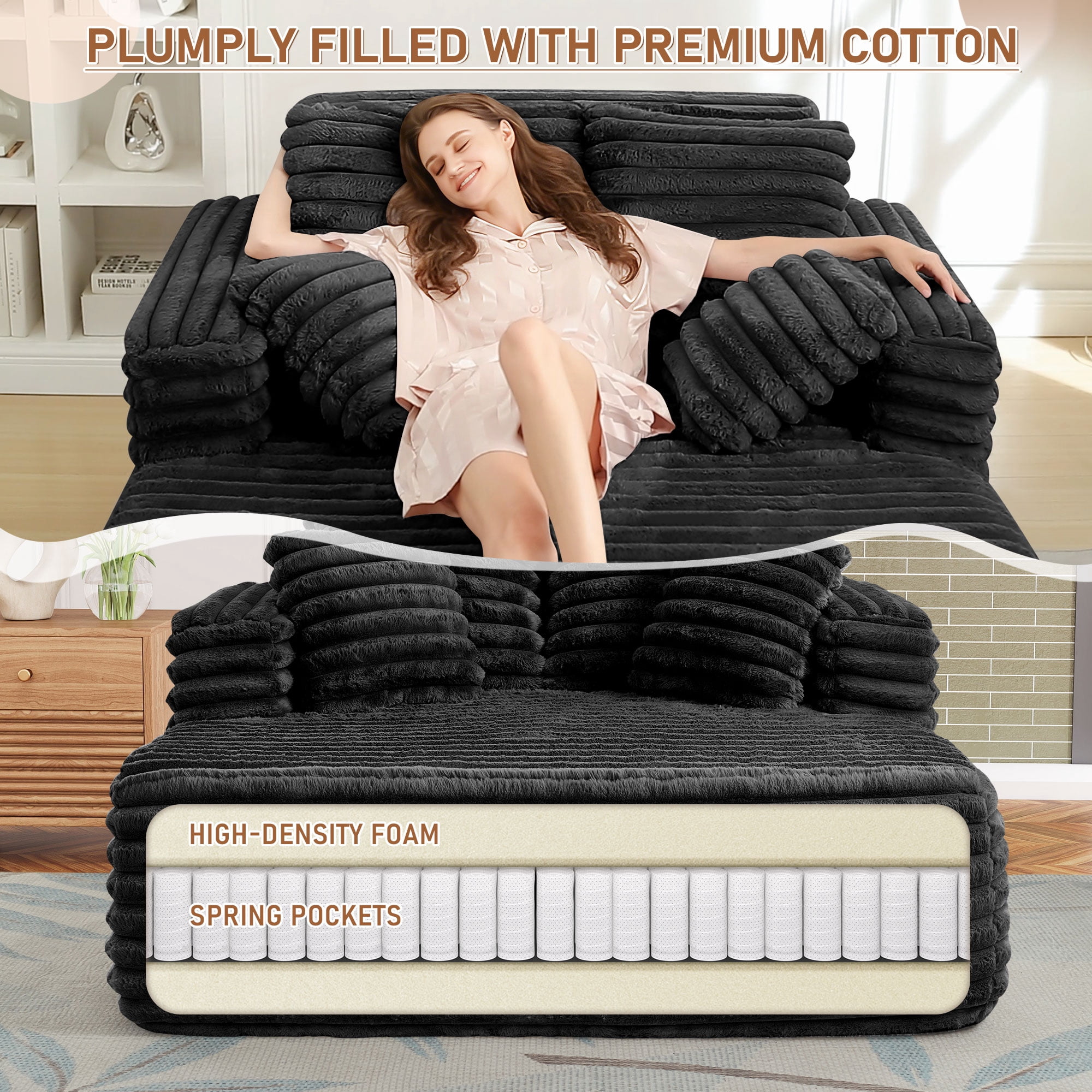 Muumblus Oversized Chaise Lounge Chair Indoor Furniture, No Assembly Required, Plush Corduroy Upholstered Sofa Bed Cozy Sleeper Couch for Living Room, Bedroom, Black