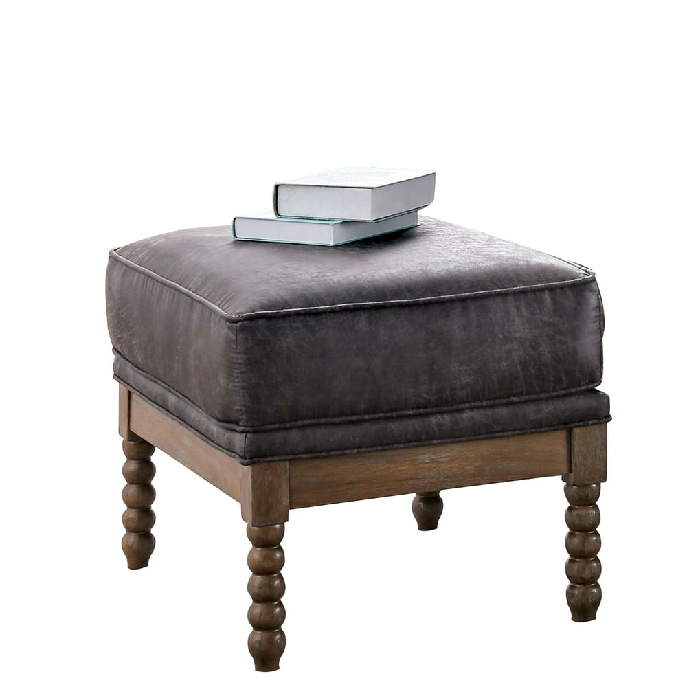 Traditional Leatherette Wooden Ottoman with Beaded legs, Light Gray