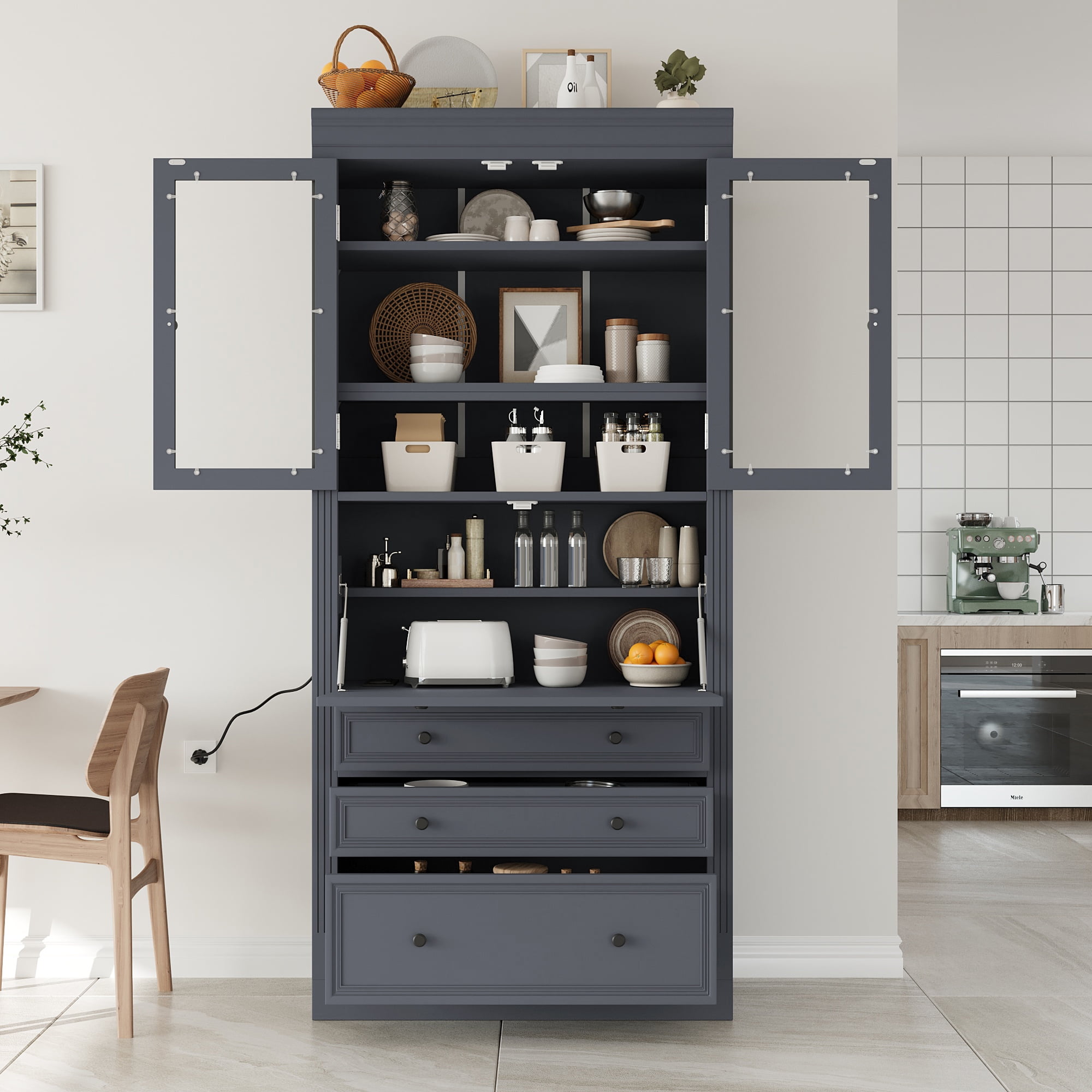 Harper & Bright Designs Tall Kitchen Pantry Cabinet with Power Outlets, Freestanding Cupboard with 3 Drawers and Adjustable Shelves for Dining Room, Grey