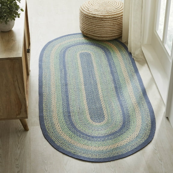 VHC Brands Jolie Farmhouse 36"x72" Area Rug Blue Textured Jute Striped Pad Oval Floor Decor