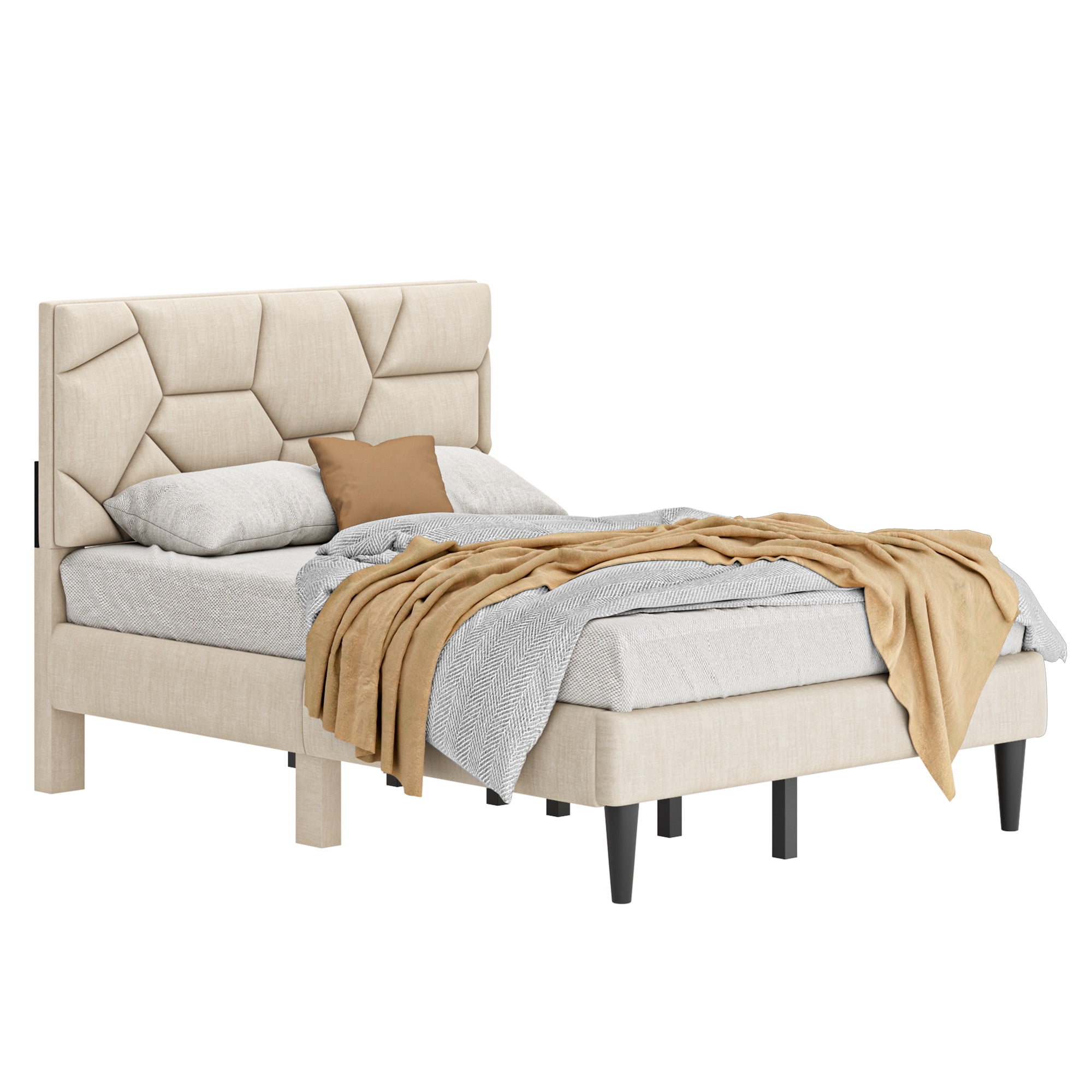 Mintazer Full Bed Frame with Upholstered Headboard, Modern Heavy Duty Steel Platform Bed Frame for Bedroom, No Box Spring Needed, Beige