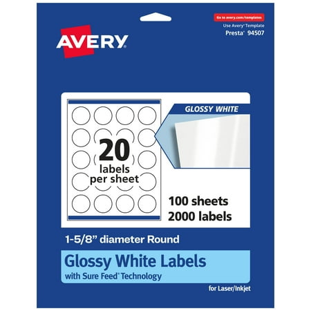 UPC: 0194793905908 | Avery Glossy White Round Labels with Sure Feed  1-5/8  Diameter  2 000 Glossy White Labels  Print-to-the-Edge  Permanent Label Adhesive  Laser/Inkjet Printable Labels