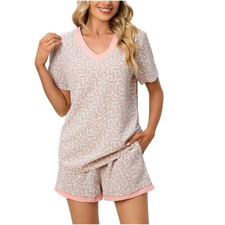 

Womens Pajama Sets 2 Piece Casual Printed V Neck Short Sleeve Tops High Waist Shorts Sets Sleepwear with Pockets