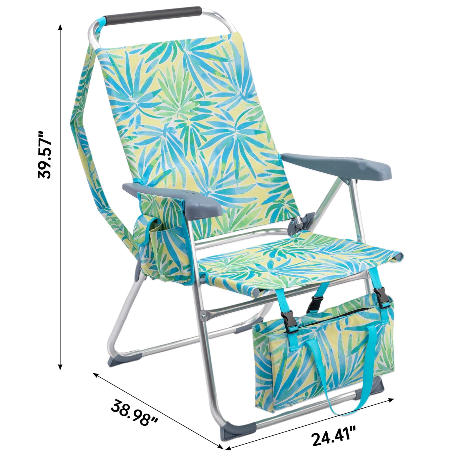17" High Seat Folding Beach Chair, 7 Position Adjustable Recline Lounge Chair with Padded Headrest, Aluminum Frame Supports 265lbs with Cup Holder Side Pocket & Detachable Storage Tote