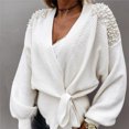 thumbnail image 2 of Ladies Long Sleeve V-neck Bowknot Pearl Pure Color Waist Knit Cardigan Sweater, 2 of 8