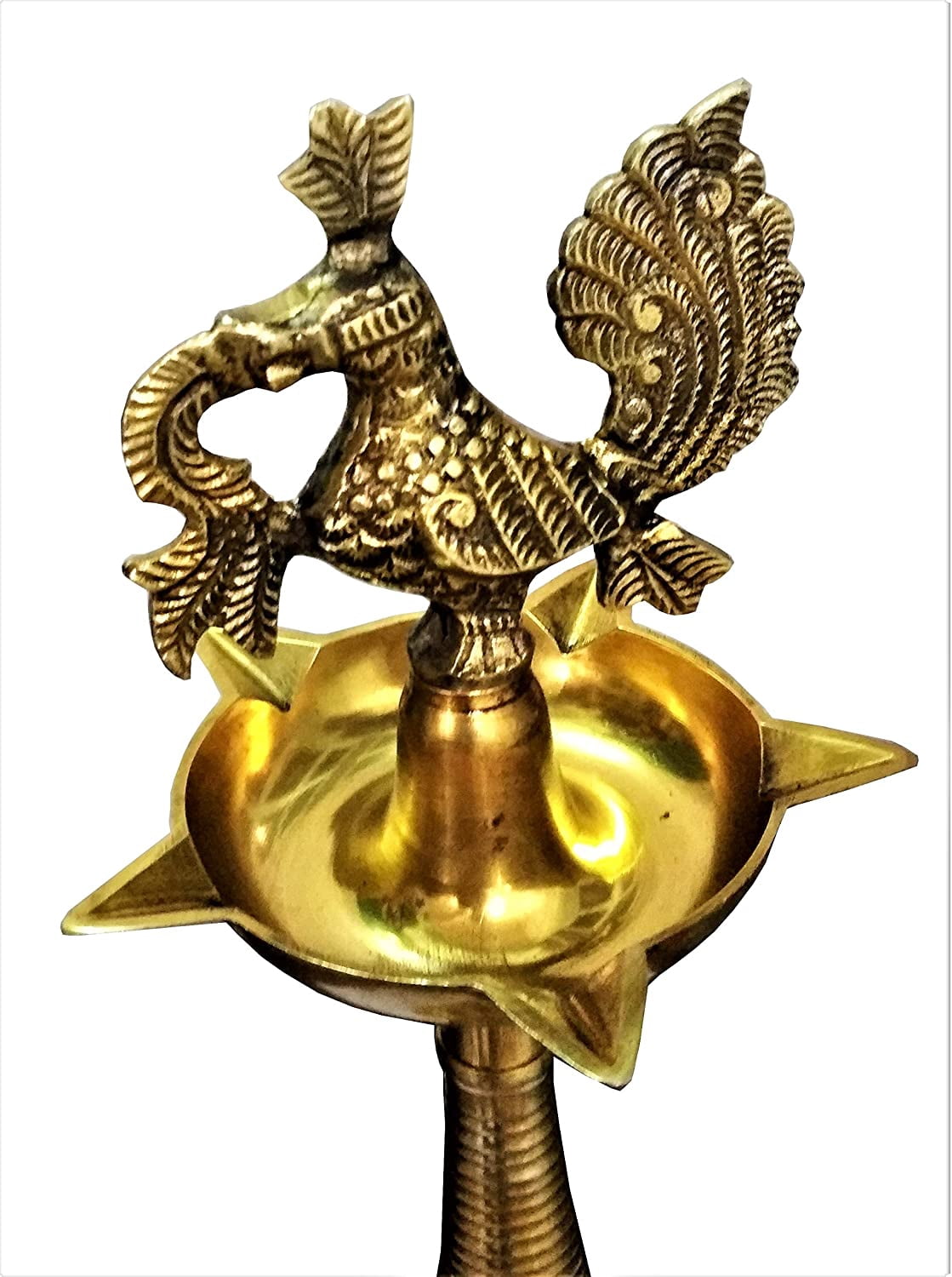 Purpledip Brass Oil Lamp Kuthu Vilakku: Inauguration Festival Diya Peacock Design, 16 Inches (11314)