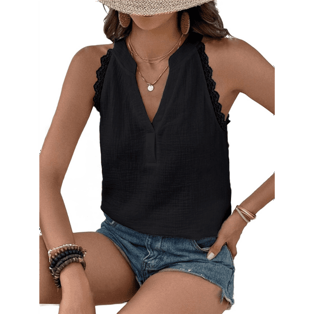 Blusa Elegante de Oficina con Cuello en V y Muesca para Mujer, Sin Mangas, con Encaje de Guipur. Negro L