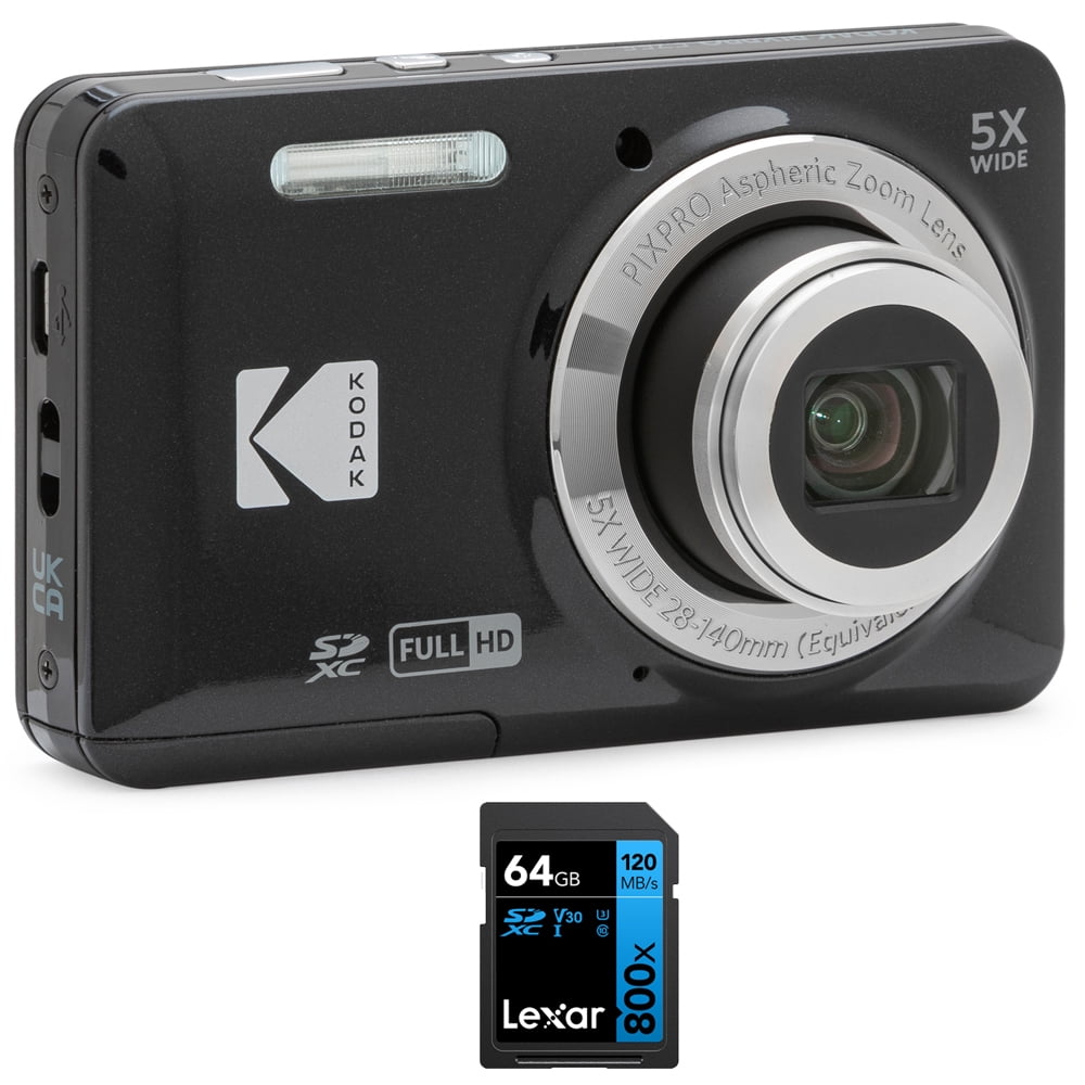 Kodak FZ55BK PIXPRO FZ55 Digital Camera Black Bundle with Lexar 64GB HighPerformance 800x UHSI