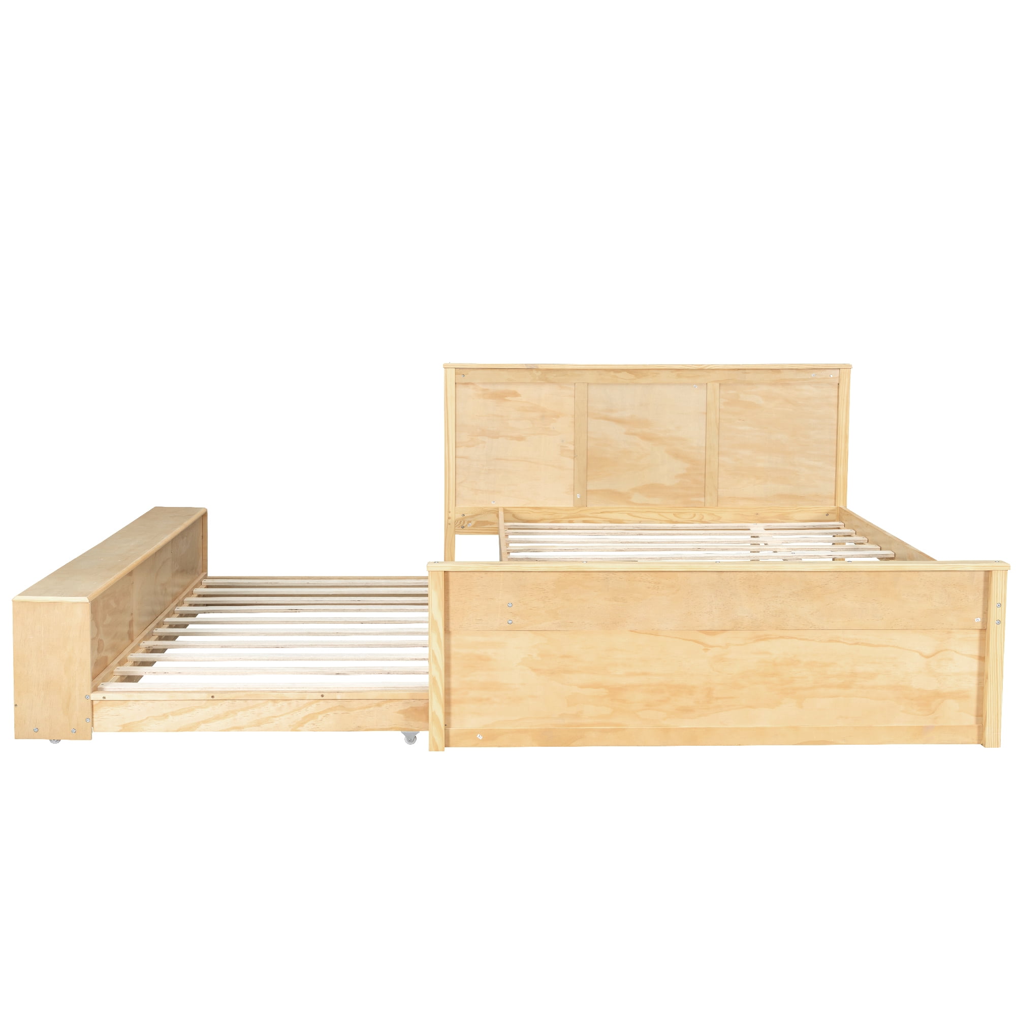 Euroco Wood Full Size Platform Bed with Trundle and Storage Cabinets, Natural