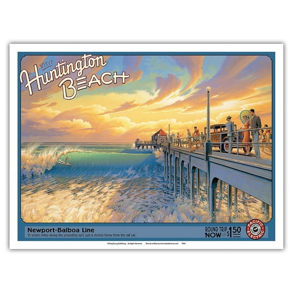 Visit Huntington Beach - California - Newport-Balboa Line - Pacific Electric (Red Car) - Vintage Railroad Travel Poster by Kerne Erickson - Master Art Print (Unframed) 9in x 12in