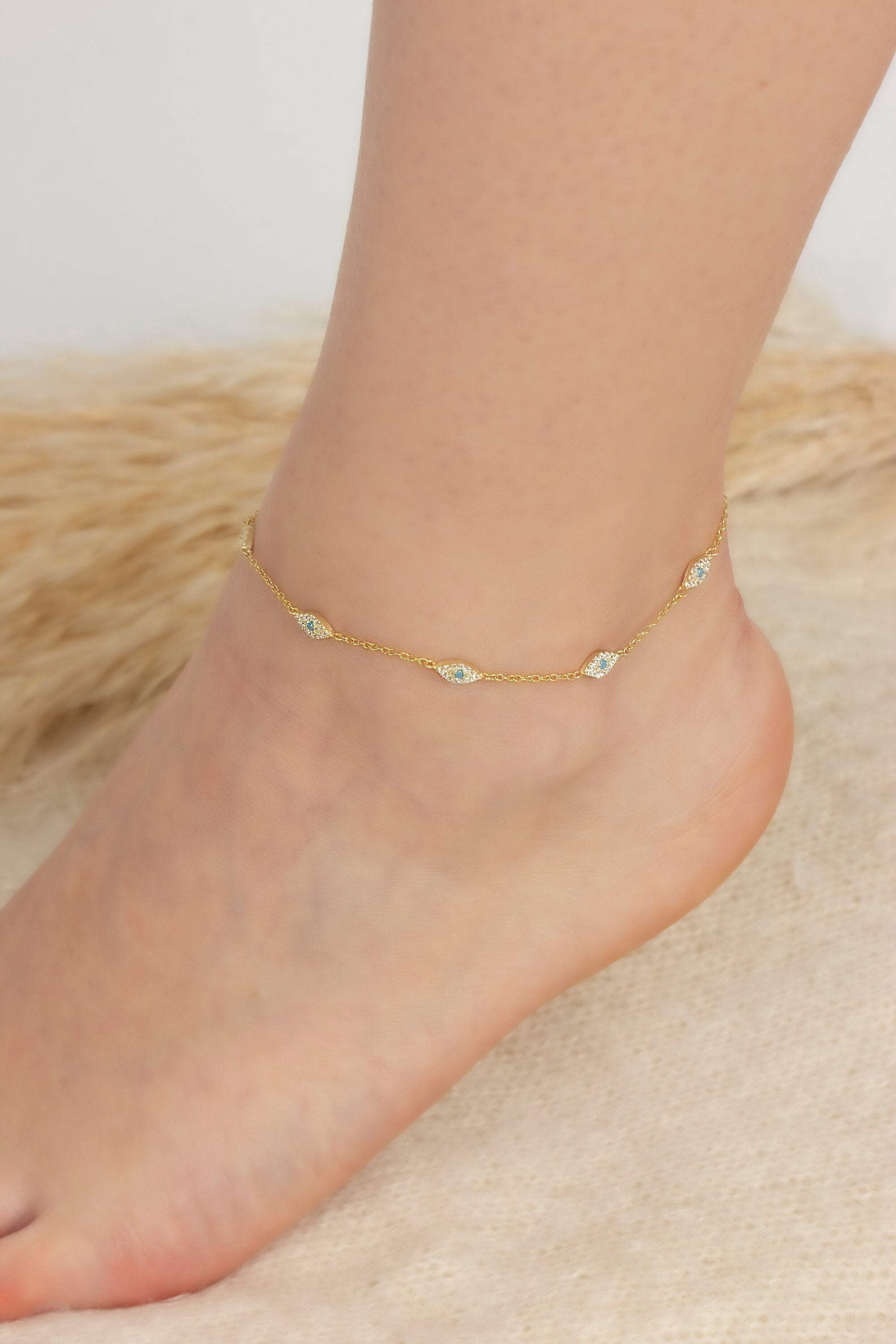Gold Plated Cable Chain Evil Eye Silver Anklet