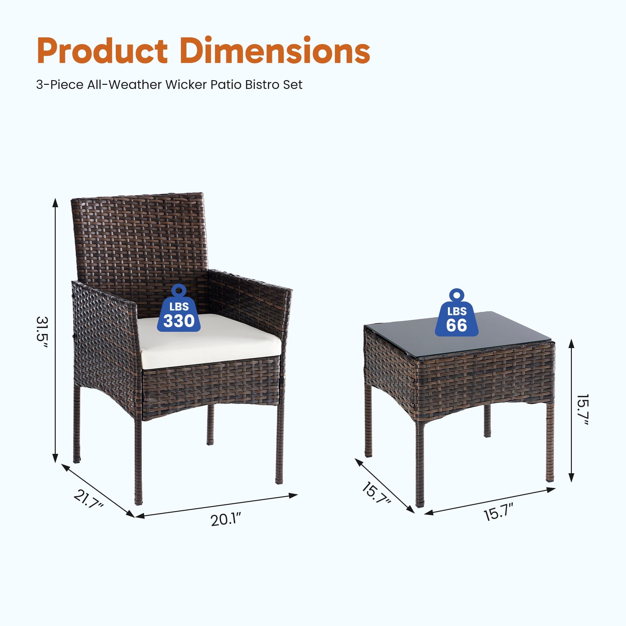 EDX 3-Piece Patio Conversation Set, All-Weather PE Rattan Outdoor Furniture with Wicker Chairs, Tempered Glass Table, Washable Cushions, Brown/Beige