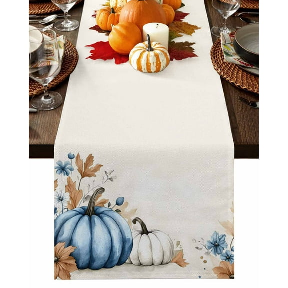 Fall Table Runner Thanksgiving Blue White Pumpkin Table Runners Autumn Harvest Cotton Linen Dresser Scarf Kitchen Dining Table Decor for Fall Holiday Party Decor 13x72 Inch
