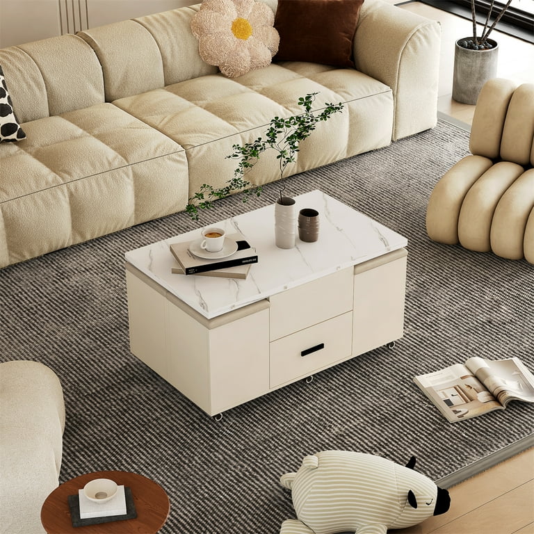 Modern Coffee Table with Lift Up Top 4 Stools Expandable Dining Table with 1 Hidden Storage 2 Drawers Space Saving Folding Office Table for Living Room Apartment Walmart