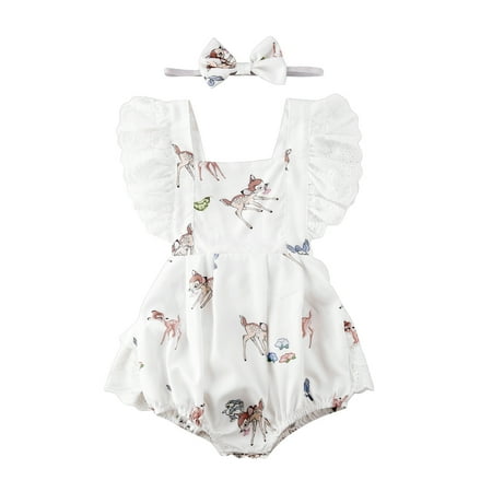 

ZIYIXIN Infant Baby Girl Lace Ruffle Deer Print Halter Romper Bodysuit and Bowknot Headband Outfits White 12-18 Months