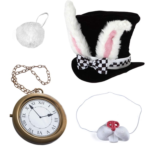 Disfraz de conejo blanco de Tigerdoe con sombrero de copa, nariz, cola y reloj