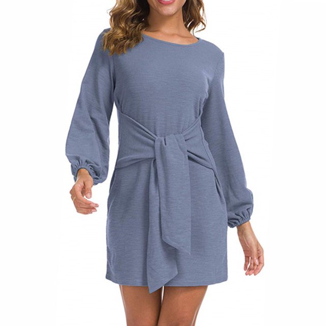 Vestido De Cóctel, Vestido Corto De Manga Farol Larga Color Puro Elegante Cómodo Para Citas ANGGREK Celeste XL