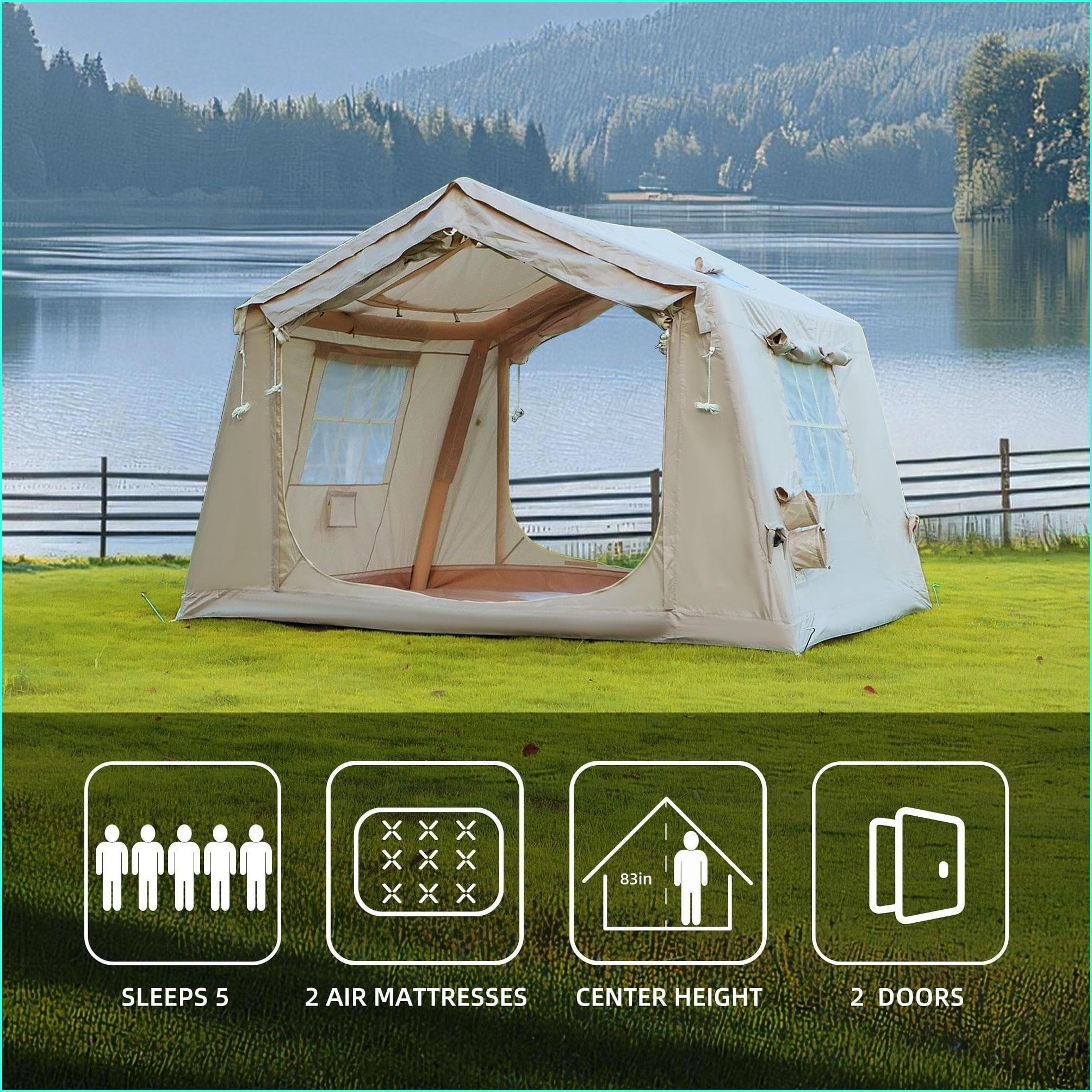 Tents | 4-6 Person 4 Season Inflatable Camping Tent, Carpa, Waterproof for Outdoor Glamping, Includes Hand Pump | oxford fabric