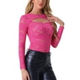thumbnail image 4 of INSPIRE CHIC Valentine's Day Women's Floral Lace Cutout Front Long Sleeve See Through Sheer Blouse Top L Hot Pink, 4 of 5
