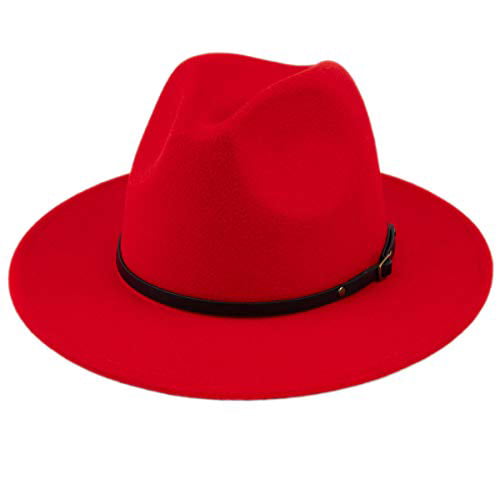 Lanzom Womens Classic Wide Brim Floppy Panama Hat Belt Buckle Wool Fedora Hat 