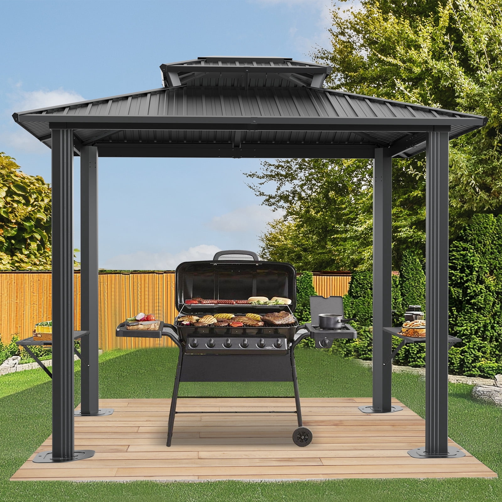 COBIZI 6'x8' Hardtop Grill Gazebo with Vented Double Roof, Galvanized Steel Sun & Rain Shelter, Rust-Resistant Aluminum BBQ Gazebo for Outdoor Cooking, Patio, Backyard (Black)