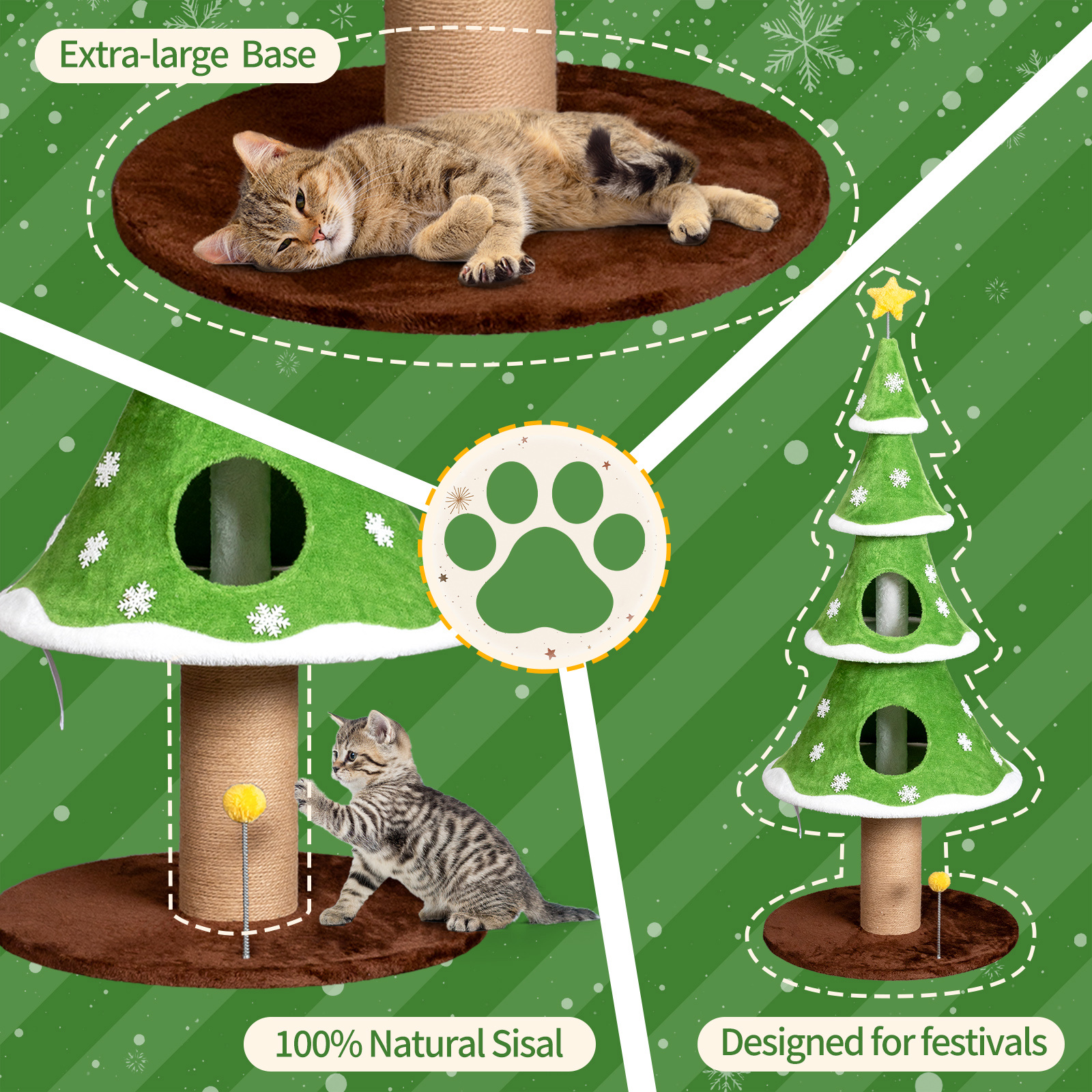Zephypaws 59" Holiday Cat Tower with 2 Hideaway Condos, Fleece-Covered Levels, Sisal Scratch Post, Hanging Teaser Toy, Broad Base for Stability & Decorative Tree Design, Green & White