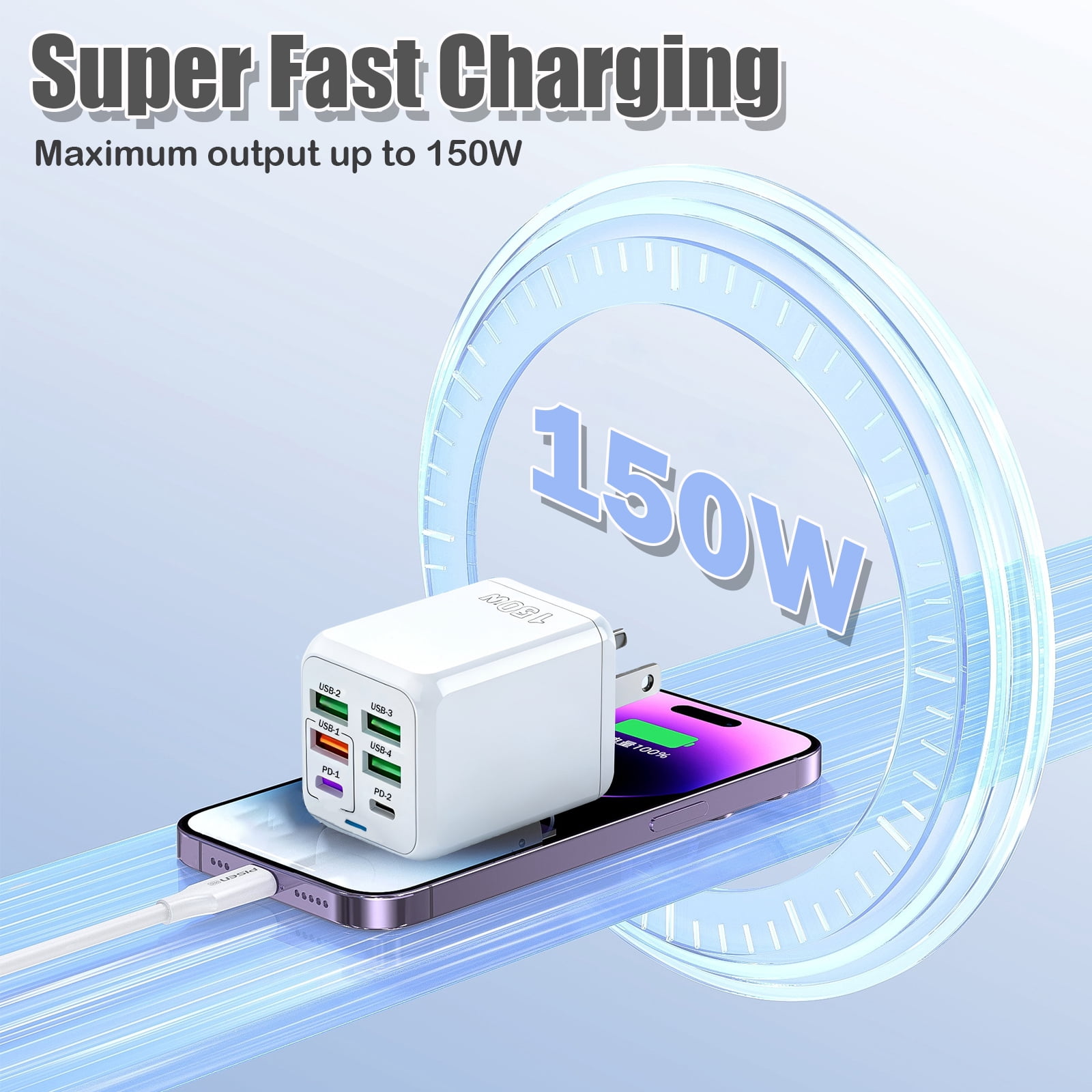 RONY USB C 150W Charger Block: 6-Port Fast Charging Block Power Adapter Compatible with iPhone Samsung Galaxy, White