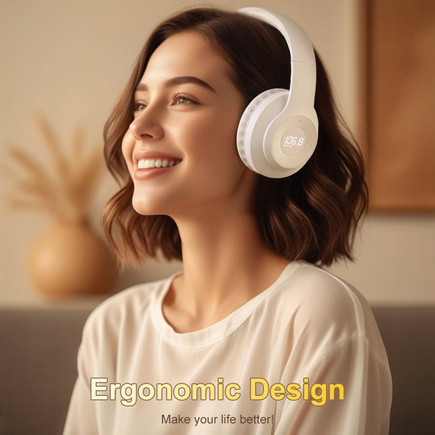 Wireless FM Radio Headphones with Bluetooth, Built-in Microphone, LED Display, Rechargeable & Portable Headphones, Soft Ear Muffs, FM Headset Radio Receiver for Meeting, Works, Hiking, Jogging