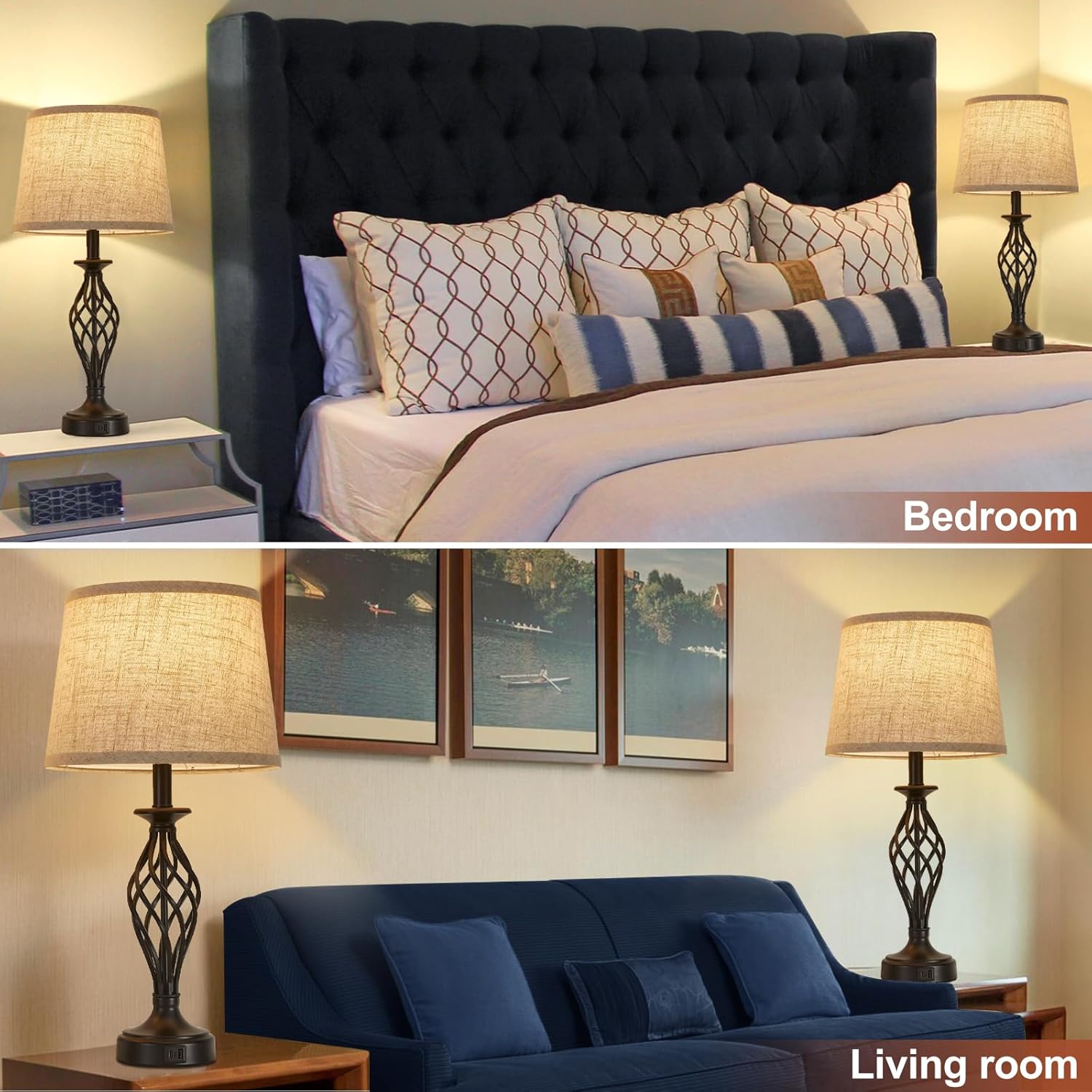 NATYSWAN Table Lamps Set of 2 with USB C+A Ports, Modern Bedside Lamps with Spiral Cage Base, Fabric Shade, Nightstand Lamp for Living Room Bedroom