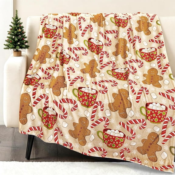 Beige Christmas Gingerbread Man Candy Cane Cocoa Throw Blanket