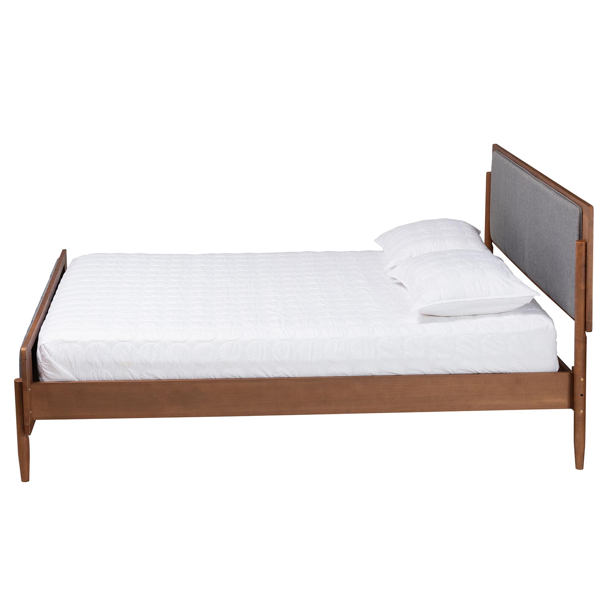Baxton Studio Powers Mid-Century Modern Grey Fabric and Ash Walnut Finished Wood Queen Size Platform Bed