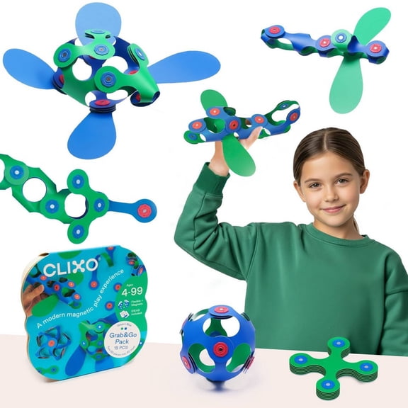 Clixo Grab & Go Green/Blue Magnetic Building Set for Creative Thinking 15 Pieces