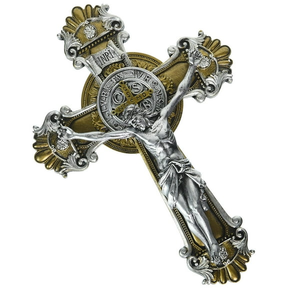 Saint Benedict Wall Cross Crucifix with Antique Silver and Gold Finish, 10 1/4 Inch