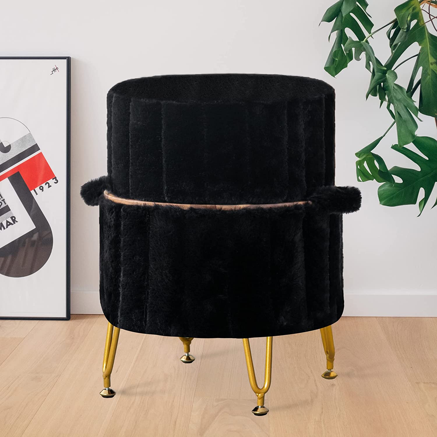 Black Vanity Stool Chair With Storage, Round Faux Fur Ottoman Foot Rest