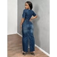 thumbnail image 2 of Women Faux Denim Print Mermaid Maxi Dress, V Neck Short Sleeve Bodycon Long Dress, Slim Fit Night Out Club Dress, 2 of 5